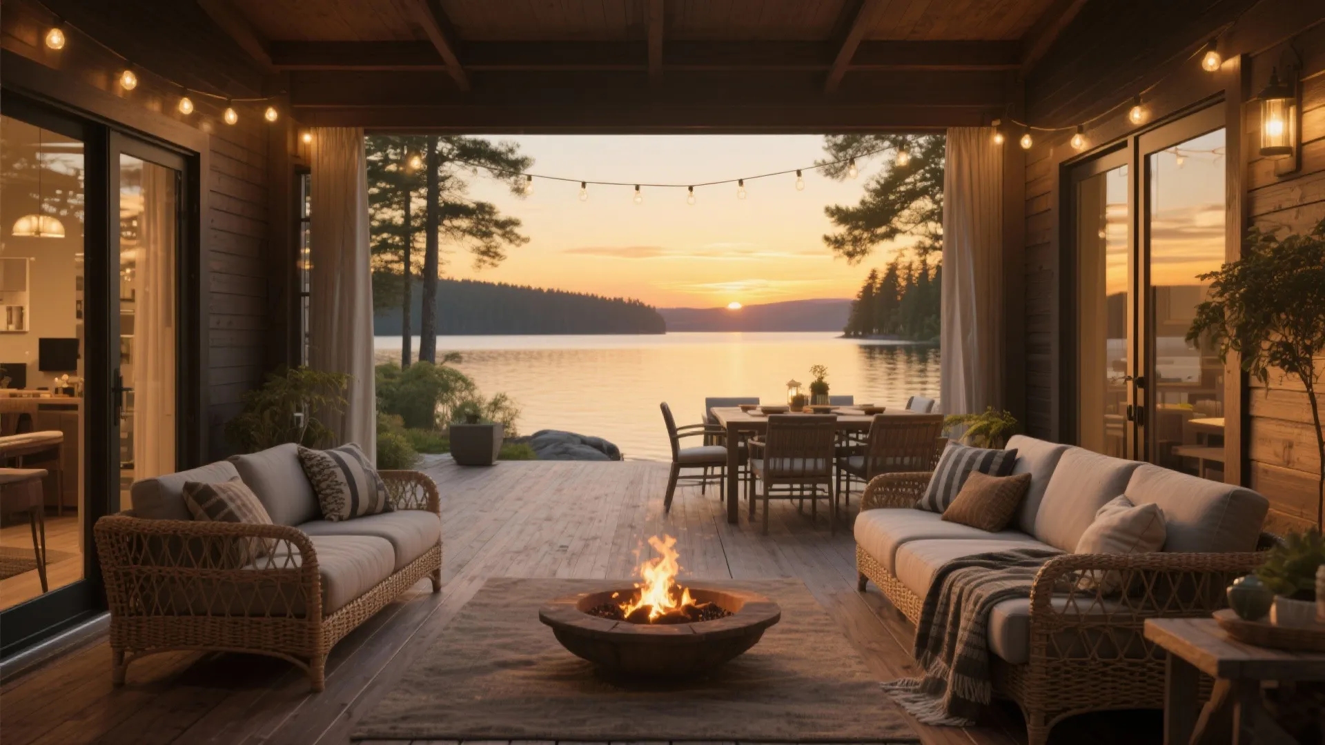 Outdoor wooden deck with sofa furniture fire pit string lights dining table and sunset lake view