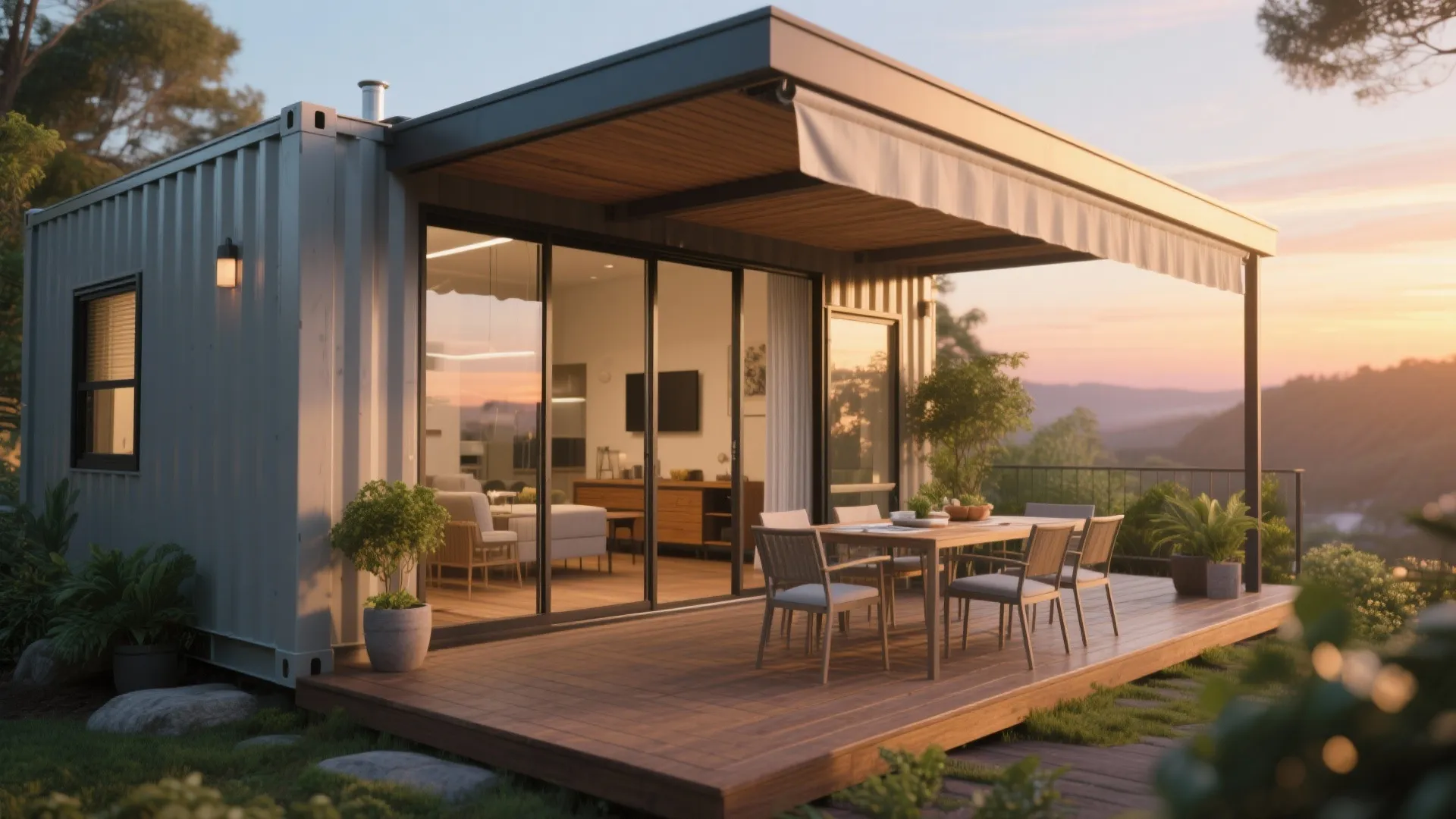 Container home with sliding glass wall open to a covered deck used as outdoor living space