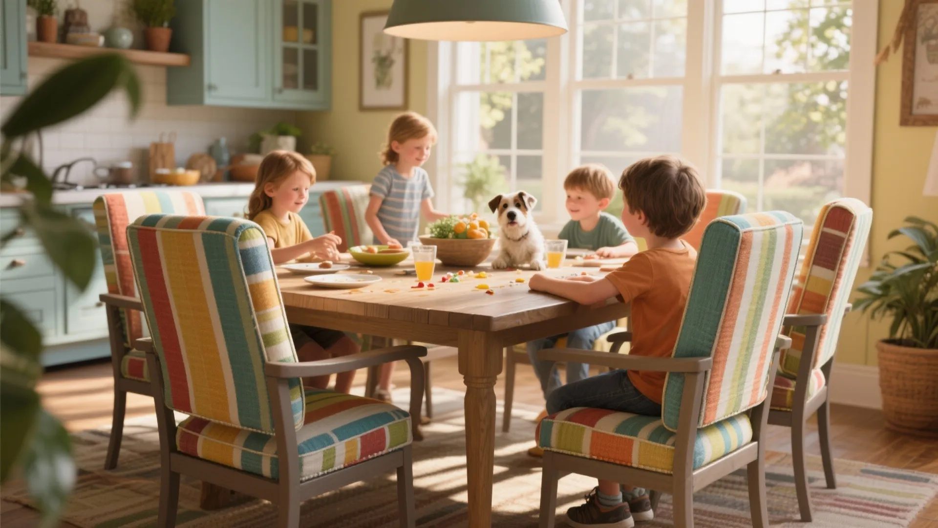 Kids sitting at a wooden dining table on colorful striped chairs with a small dog