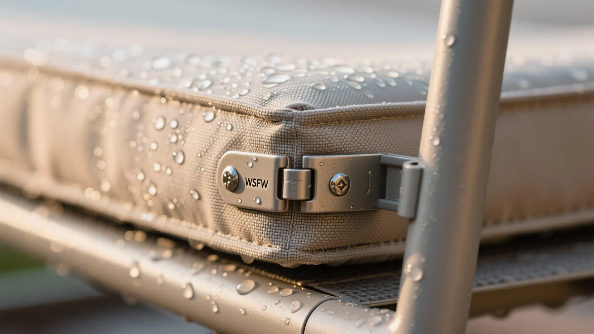 Macro of marine-grade outdoor fabric with water beading on a powder-coated chair.