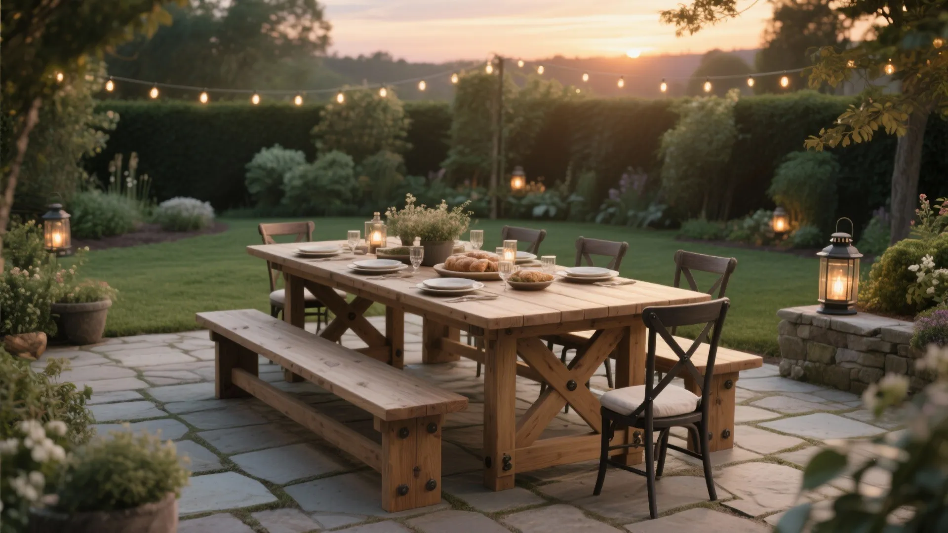 Large wooden outdoor table with chairs and bench set on stone patio during garden sunset