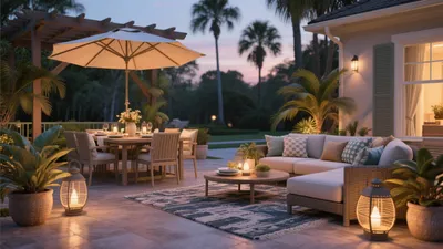 Tropical Outdoor Living Space with Evening Ambiance