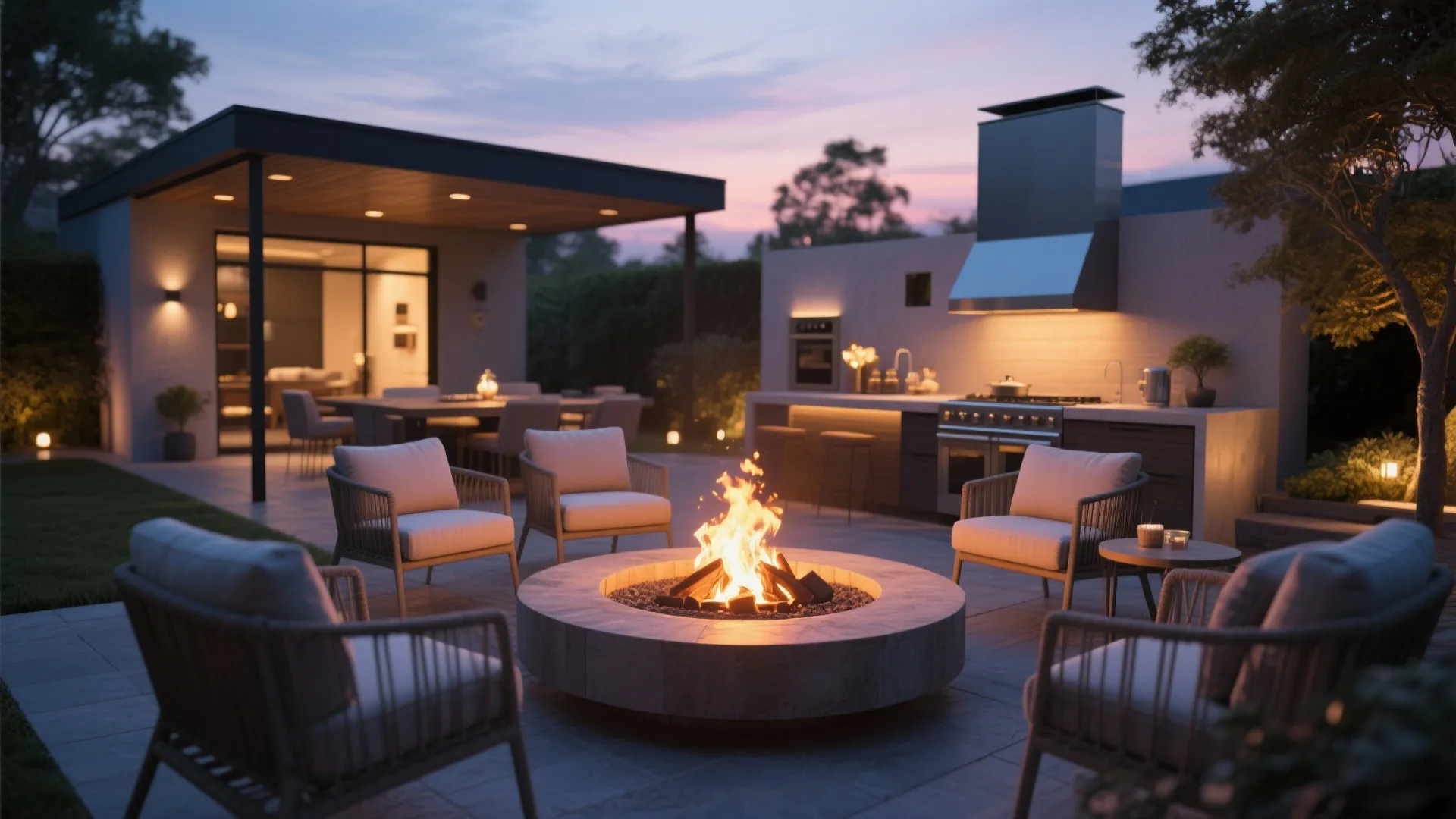 Modern backyard patio at night with stone fire pit chairs kitchen area and warm outdoor lights