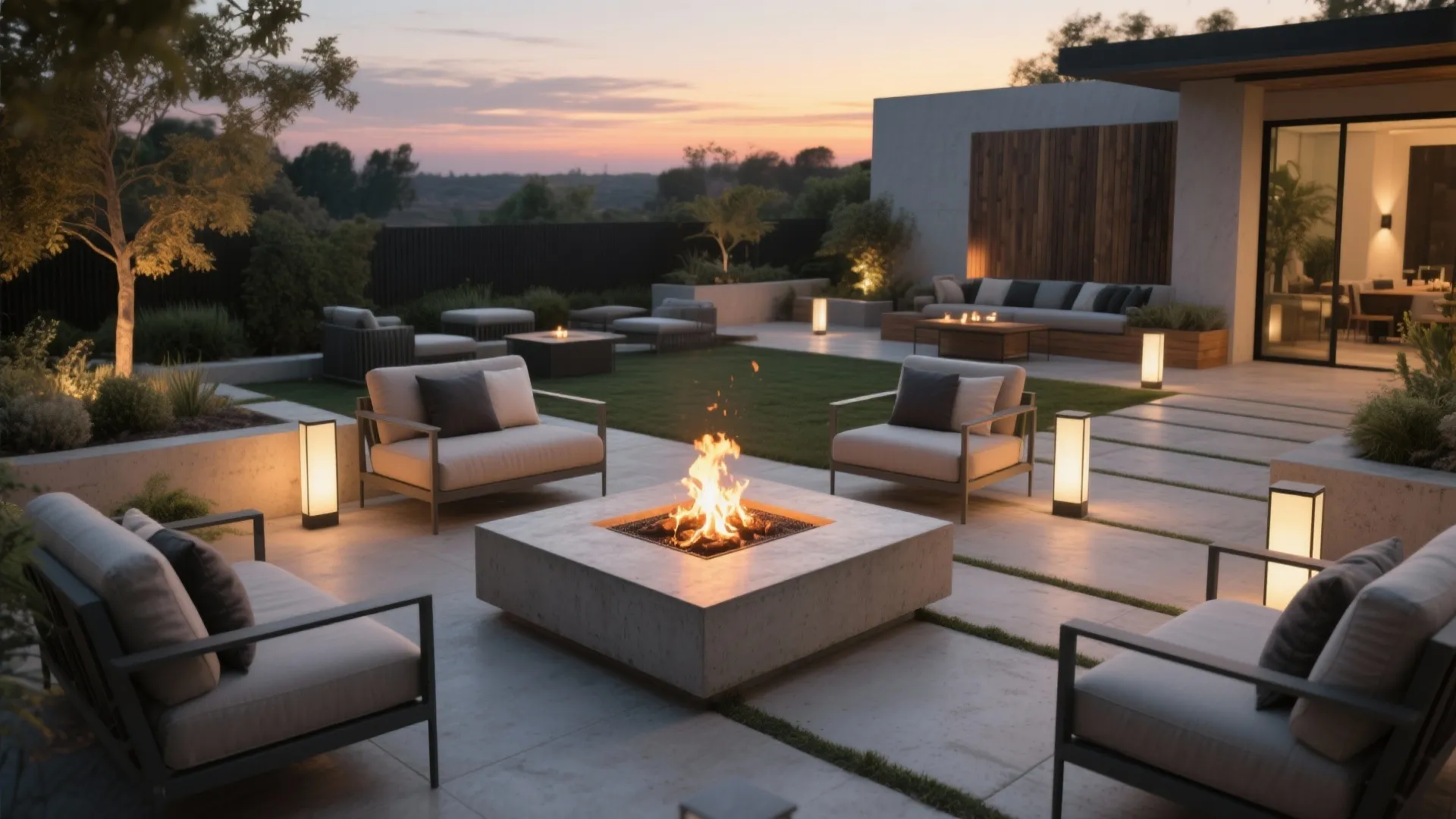 Modern outdoor patio with a central fire pit surrounded by grey chairs and glowing lights