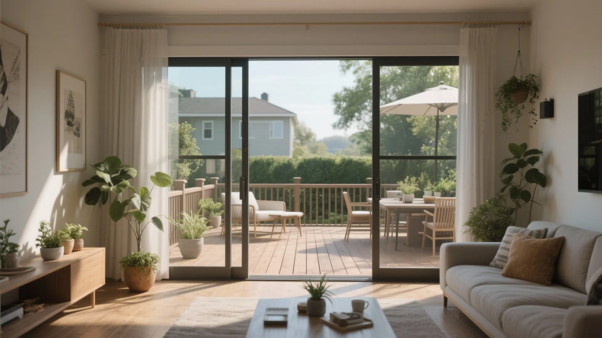 Bright living room showing a glass sliding door leading to an outdoor wooden patio deck