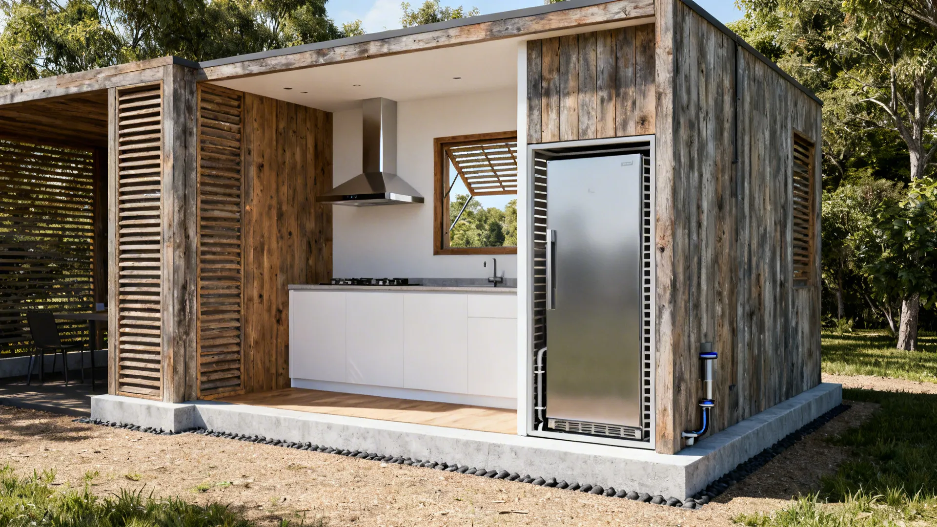 Indoor kitchen with sleek hood and a shaded outdoor fridge niche with louvered ventilation.