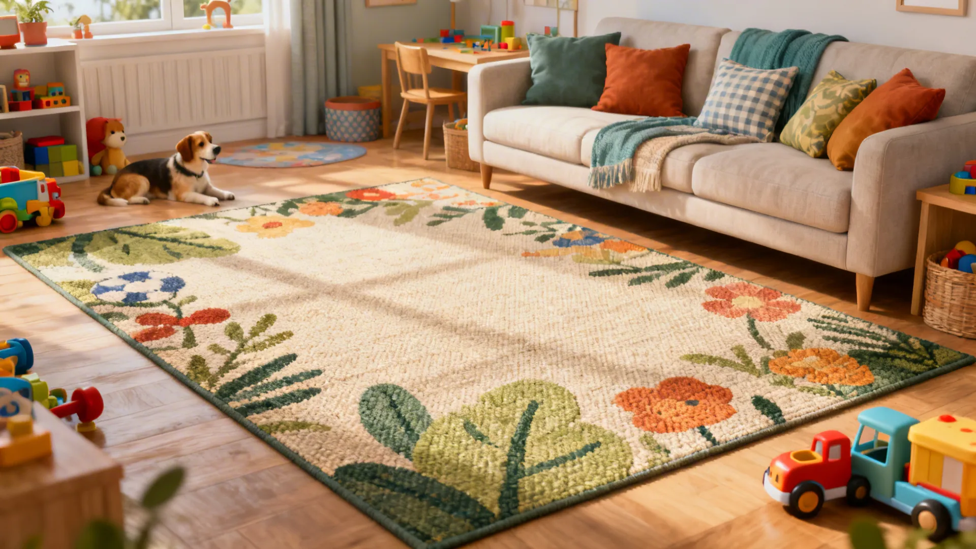 Indoor living space with a durable outdoor-grade rug suited for pets and kids