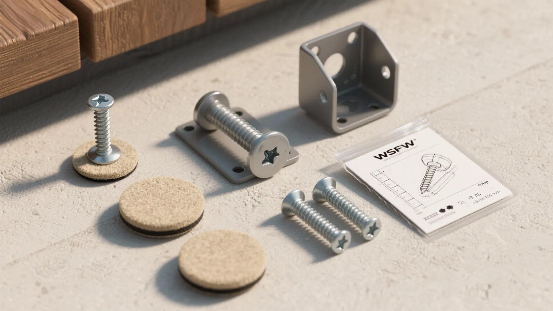 Metal screws and brackets for outdoor furniture assembly with small round protective pads and instructions