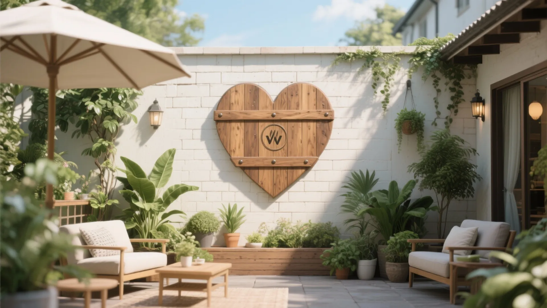Large sealed wooden heart on patio wall with plants