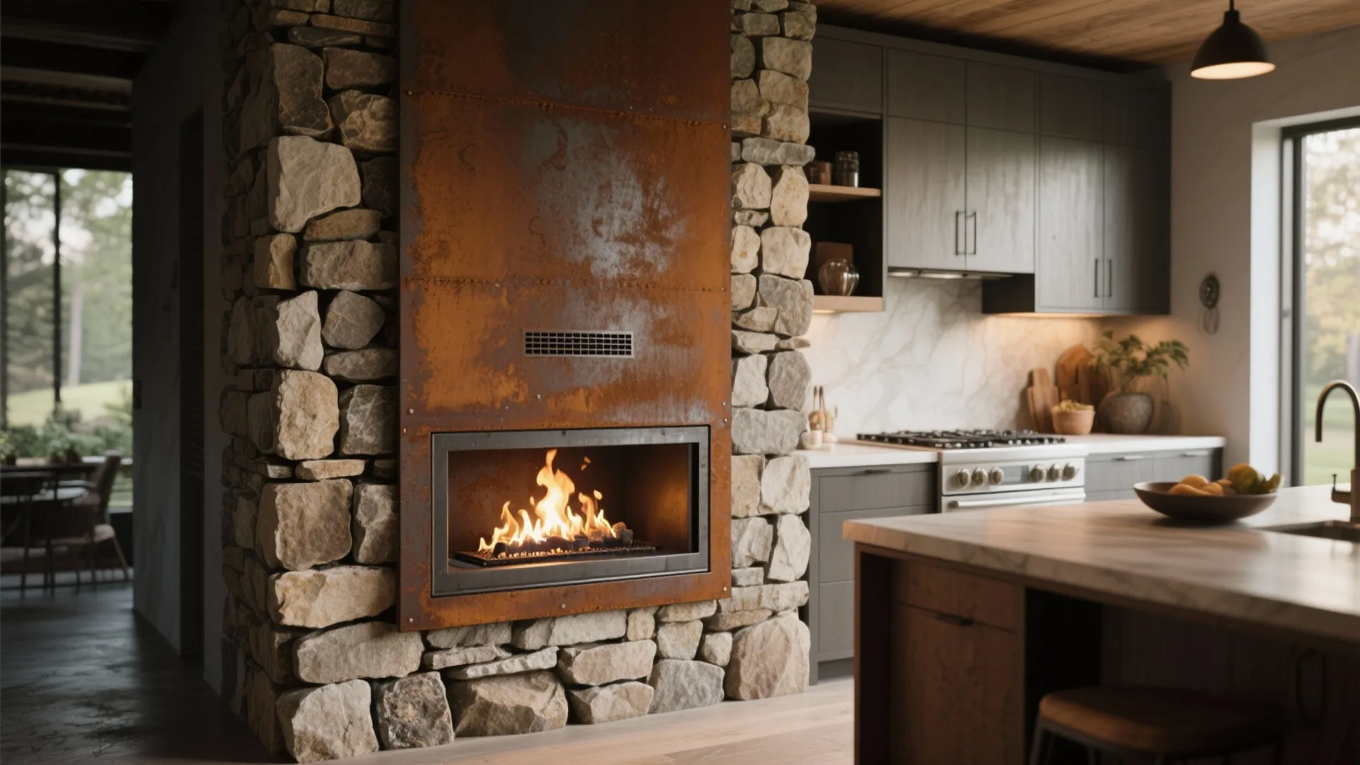 Outdoor-style Fireplace for Indoor Kitchens