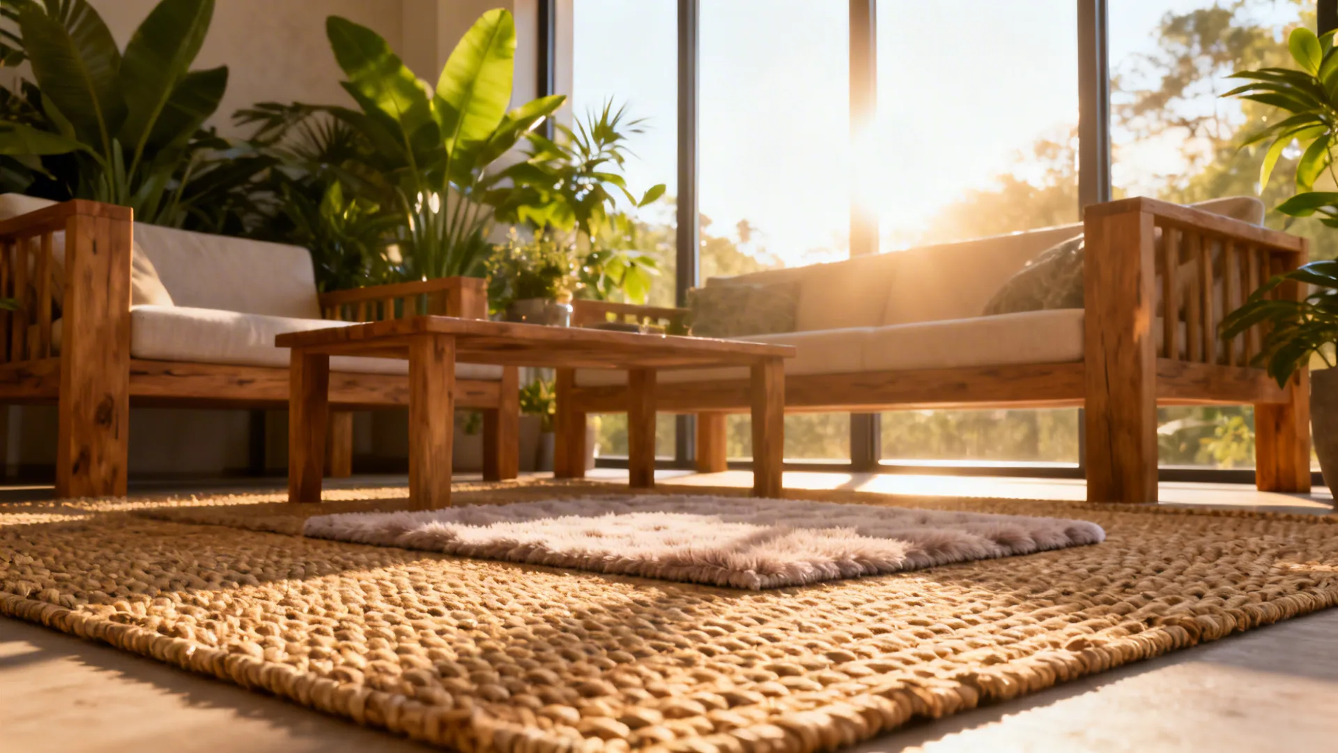 Indoor living room using an outdoor-style washable rug layered with a plush mat.