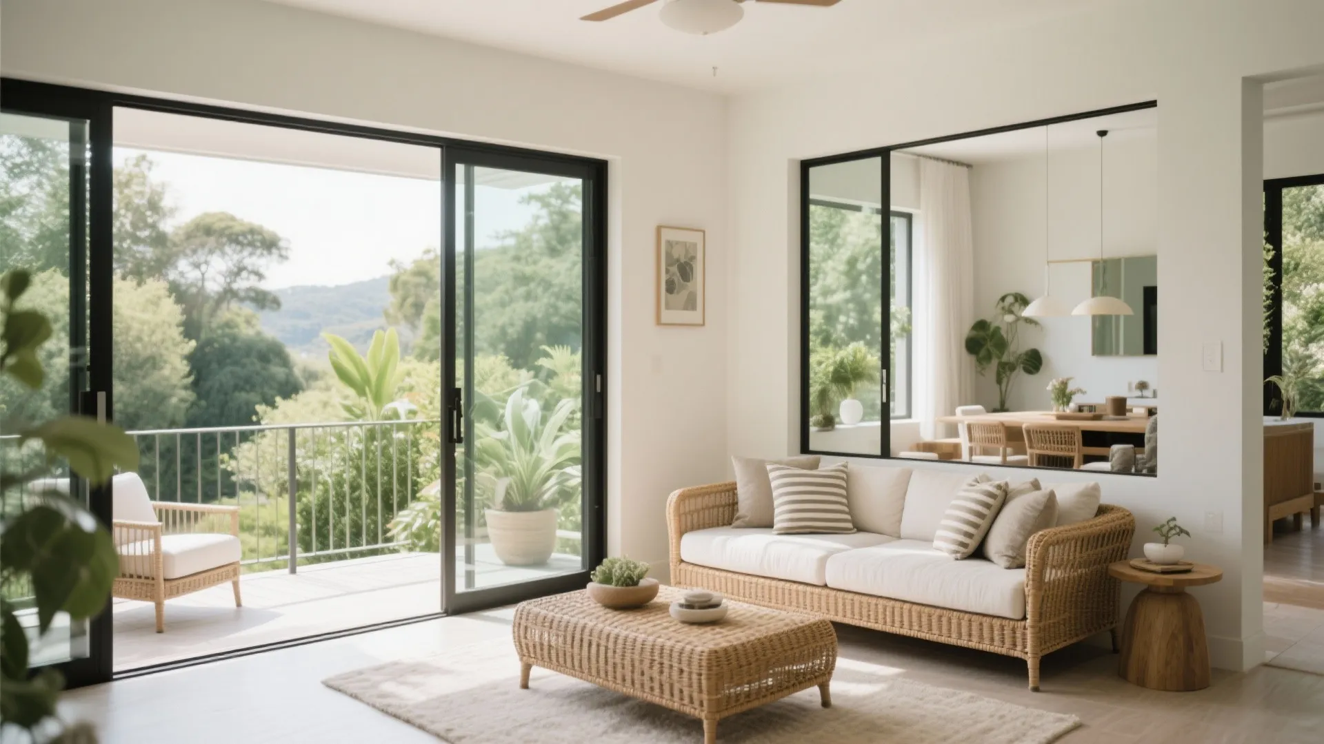 Wicker daybed bridging indoor living space and outdoor balcony