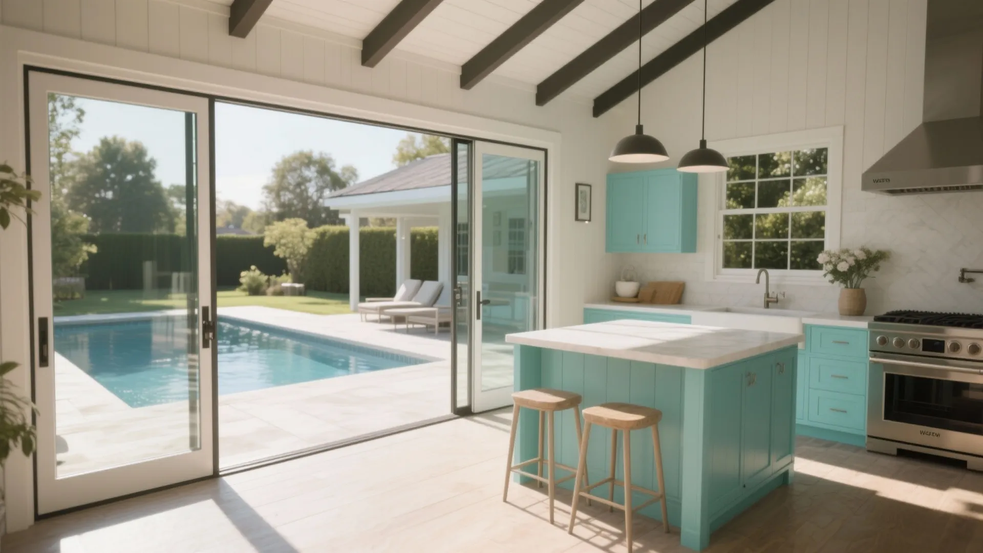 Bright kitchen with blue cabinets wooden stools and glass doors leading to an outdoor pool