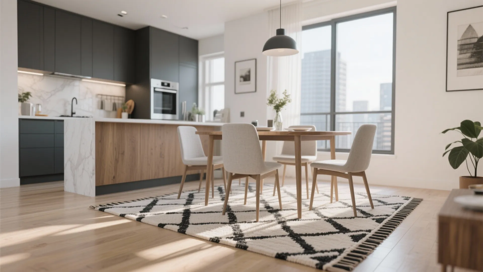 Modern kitchen dining area with black cabinets wooden island geometric rug and four grey chairs