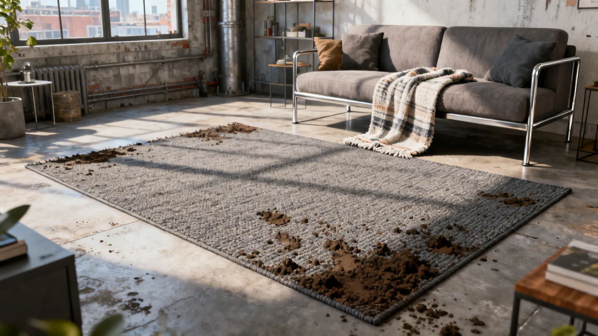 Living room using a polypropylene outdoor rug indoors with a washable soft mat layered for comfort.