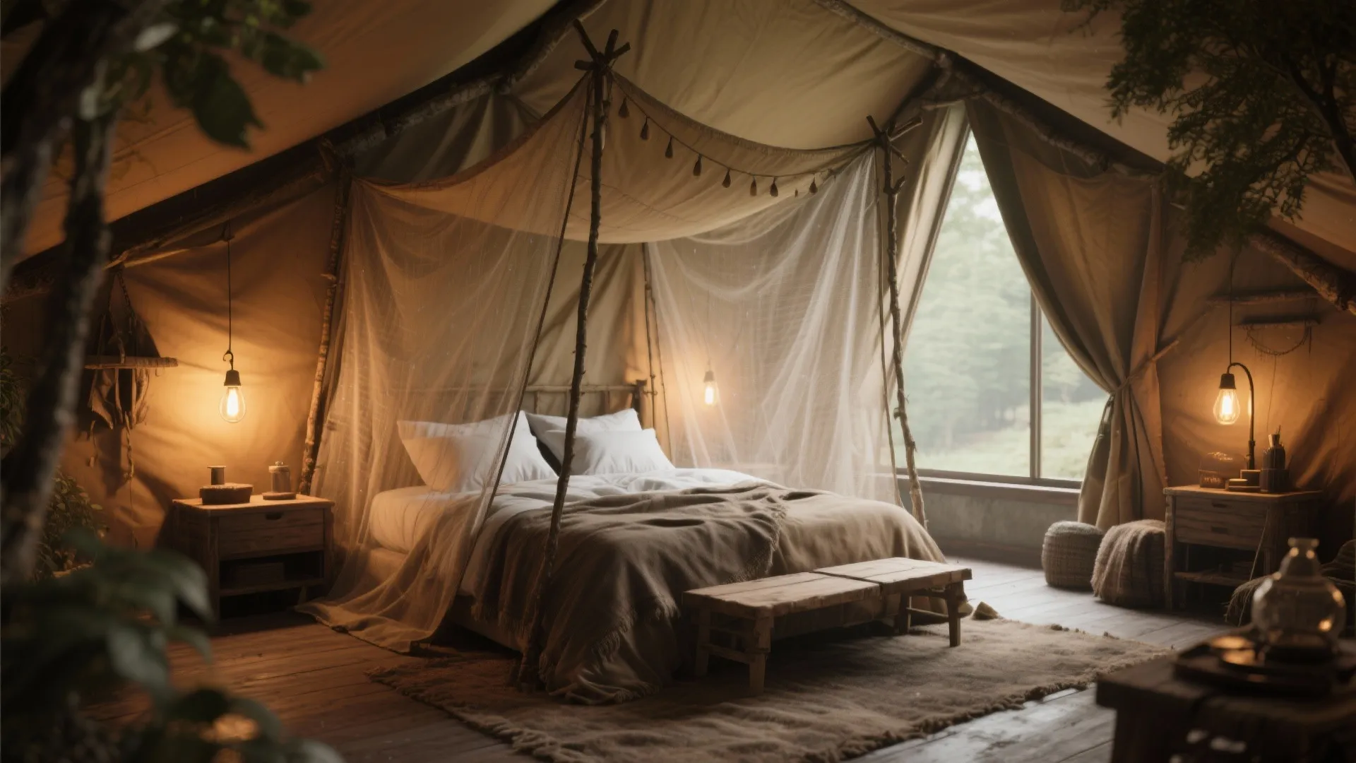 Rustic bedroom with canvas-layered mosquito net