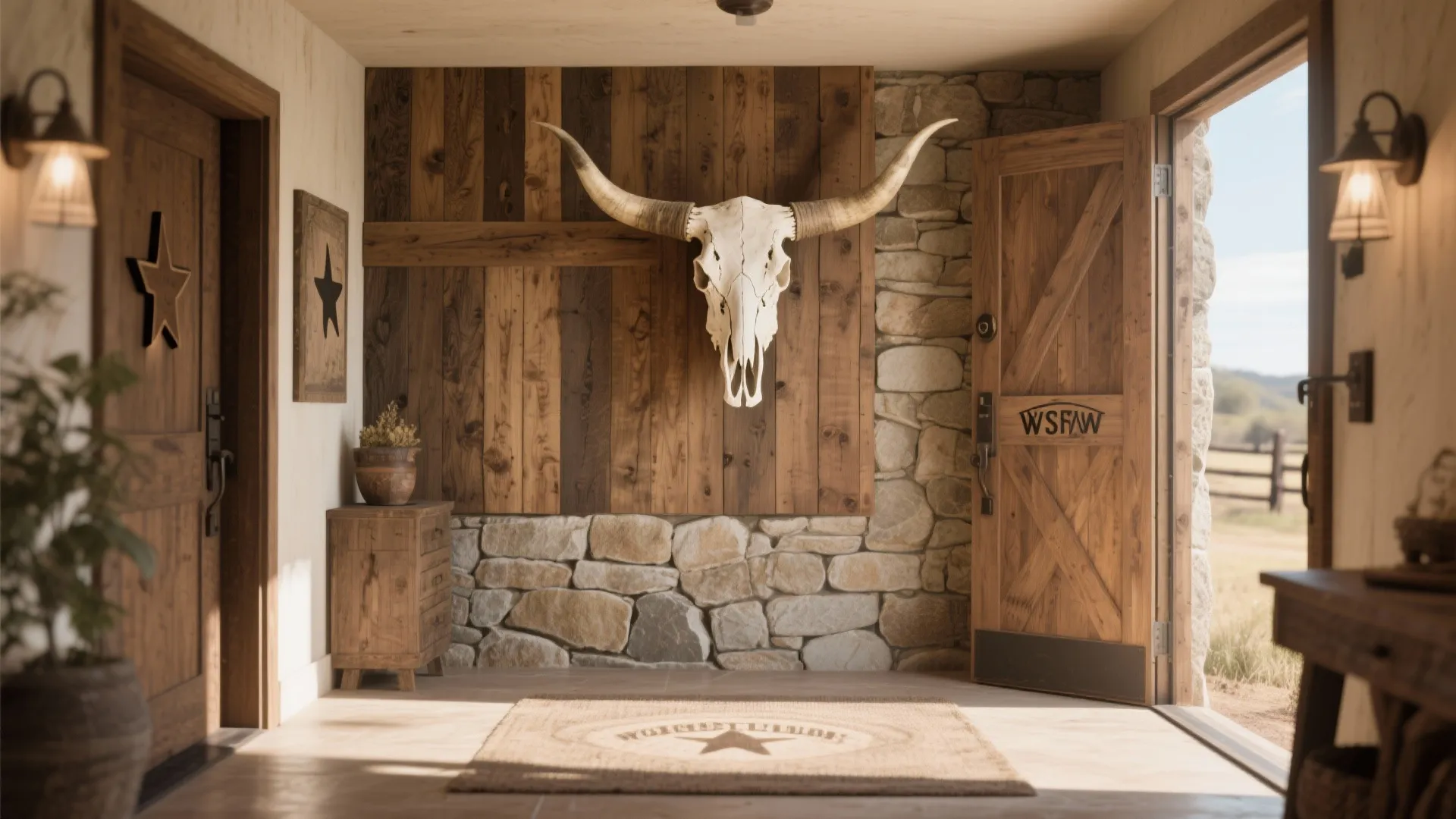 Indoor entryway with Texas Longhorn skull on wood and stone wall