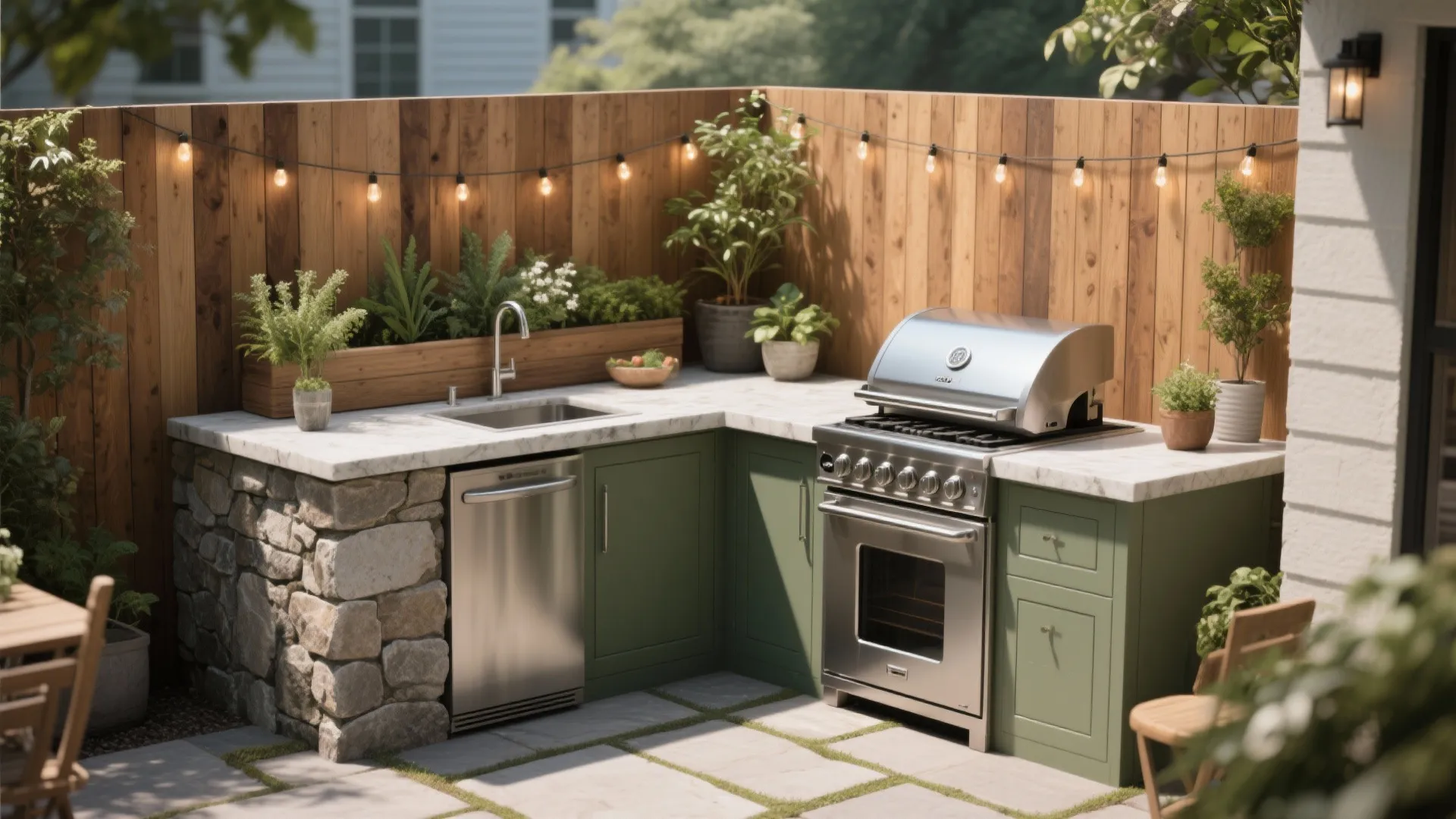 Modern outdoor corner kitchen with green cabinets silver grill sink and wooden fence with lights