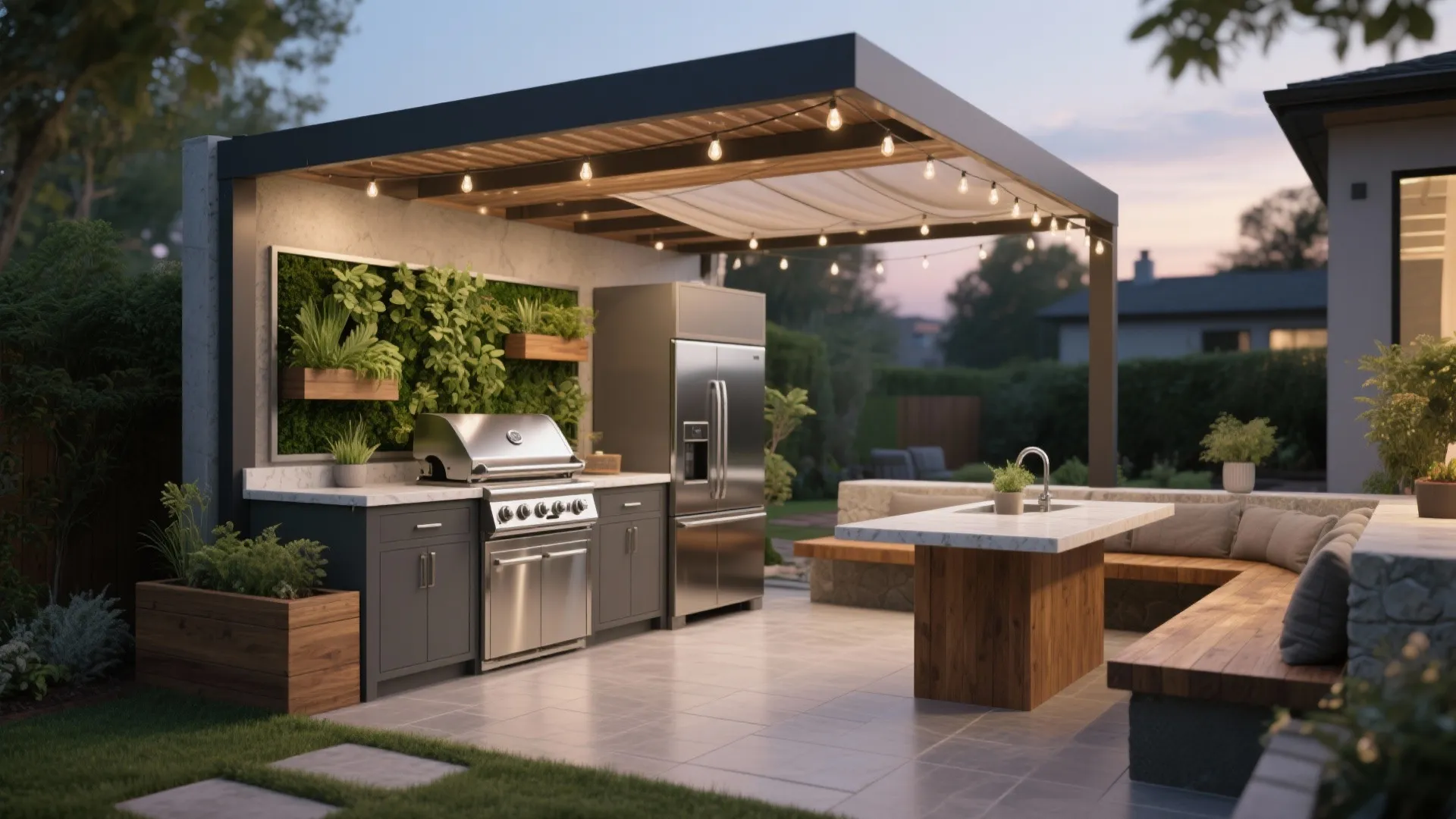 Luxury outdoor kitchen with steel grill large fridge wooden island seating and overhead string lights