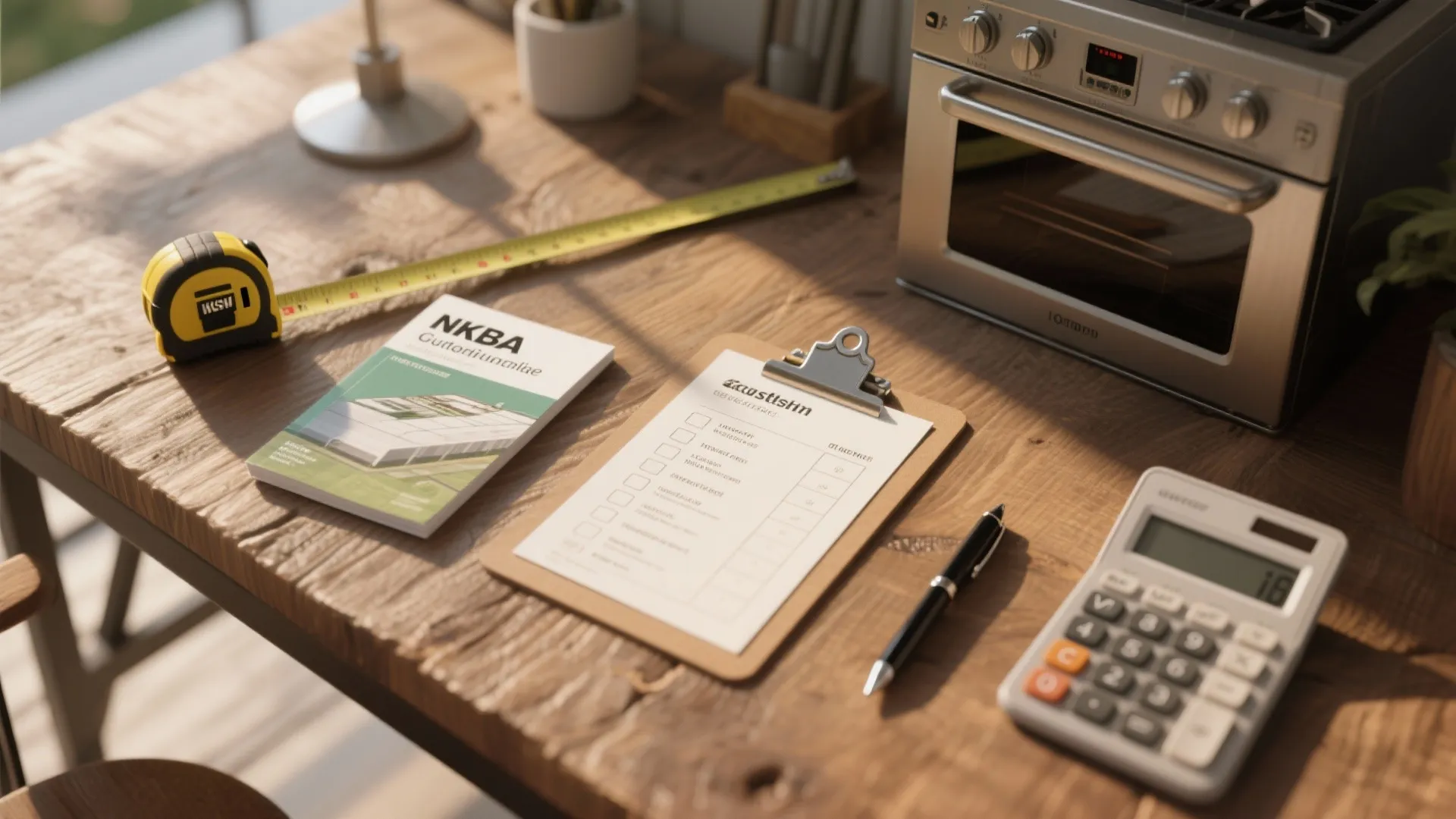 Wooden table with measuring tape calculator clipboard and pen for planning a kitchen renovation project