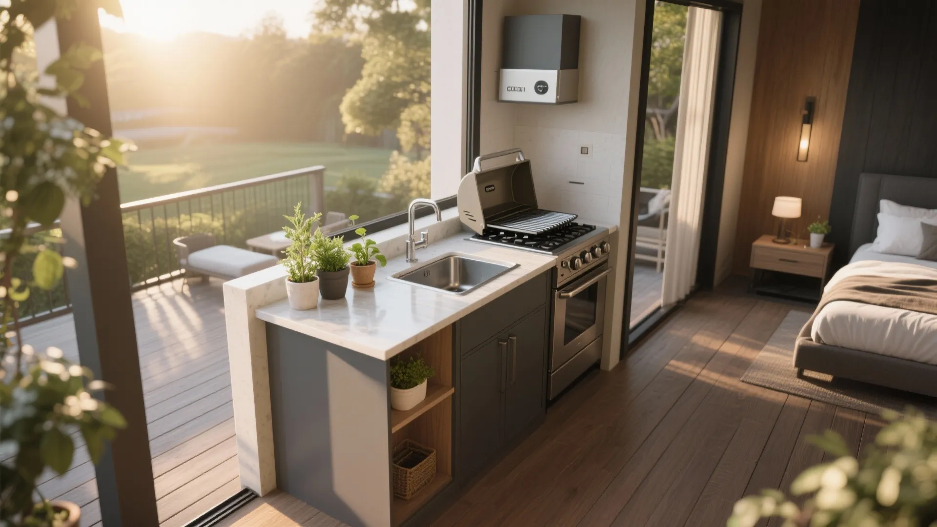 Compact outdoor kitchen nook on a master bedroom deck