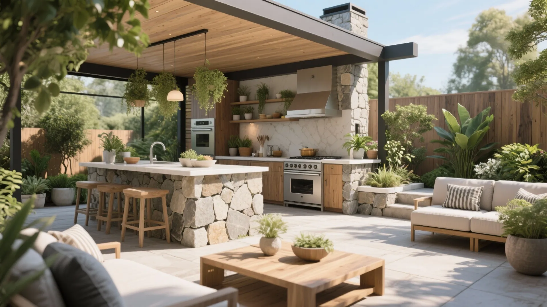 Spacious outdoor kitchen with stone island wooden cabinets sofa table and many green potted plants