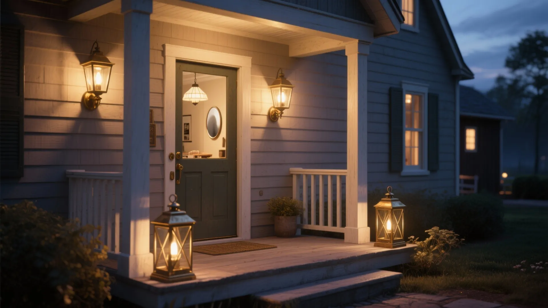 Warm house porch at night with wall lights, floor lanterns, green door, and wooden railing
