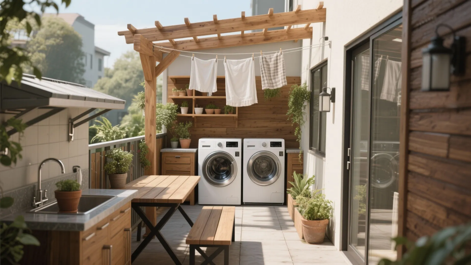 Outdoor balcony laundry area with two white washing machines sink wooden table and hanging white laundry