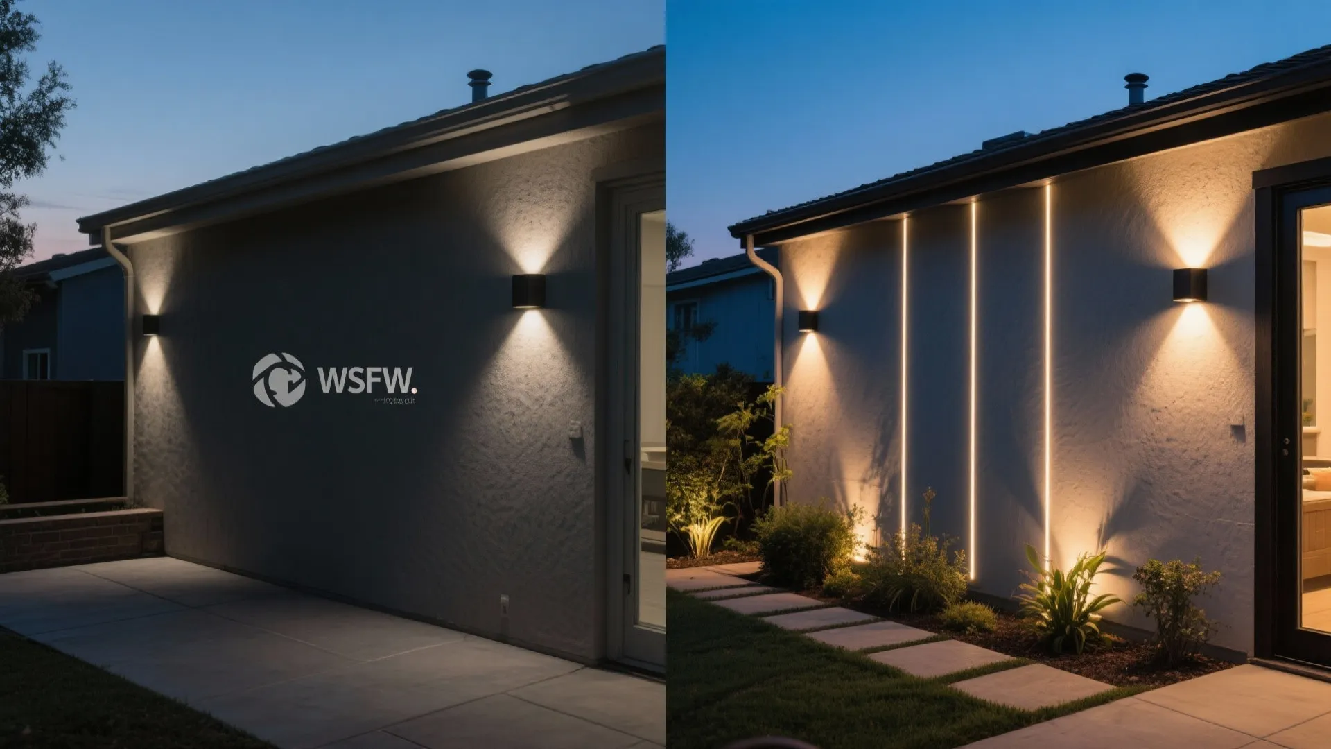 Before-and-after of a compact patio wall showing dramatic improvement with layered outdoor lighting.