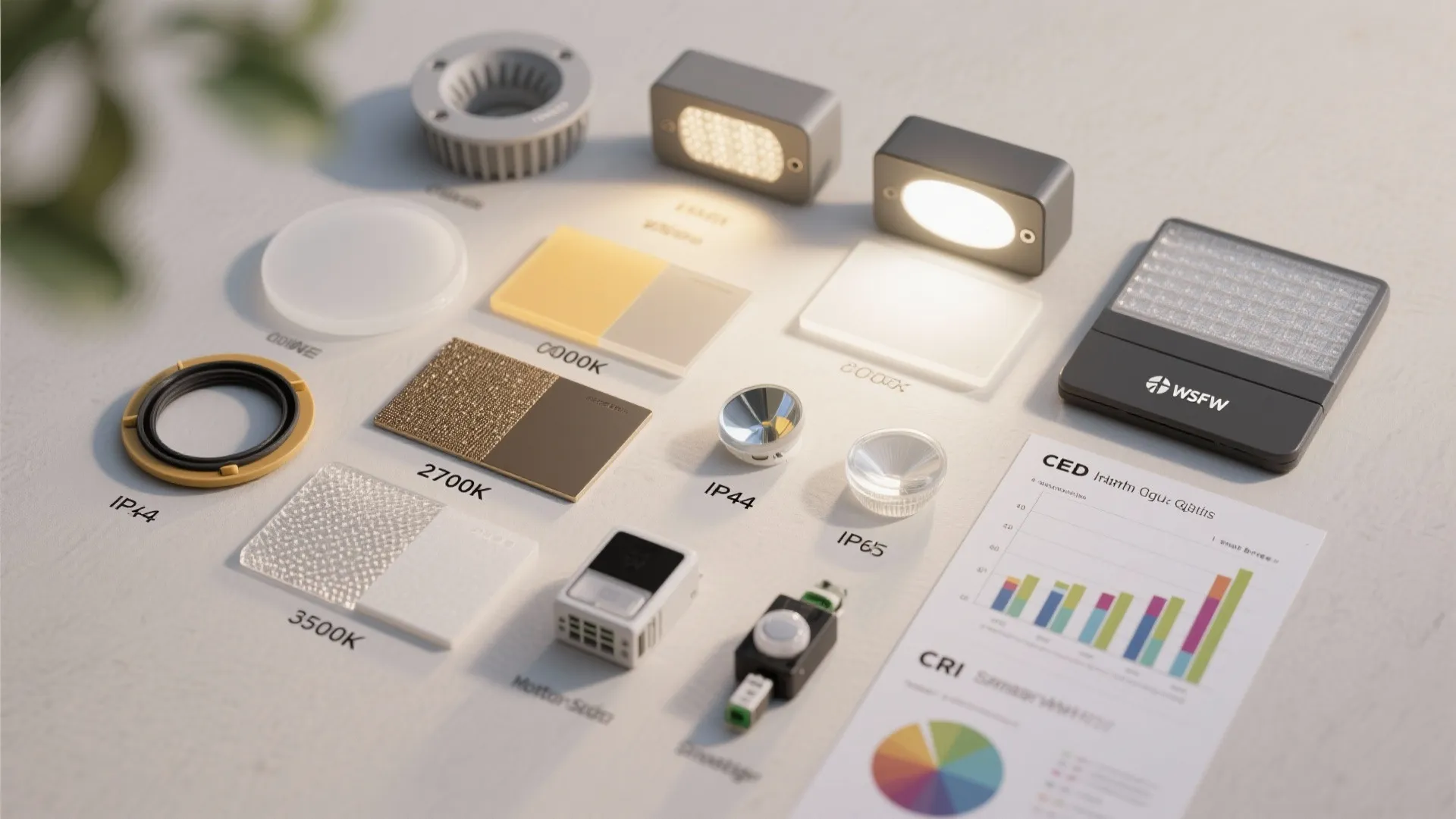 Flat lay of LED CCT samples, CRI references, IP-rated gaskets, diffusers, and smart modules for outdoor lighting.
