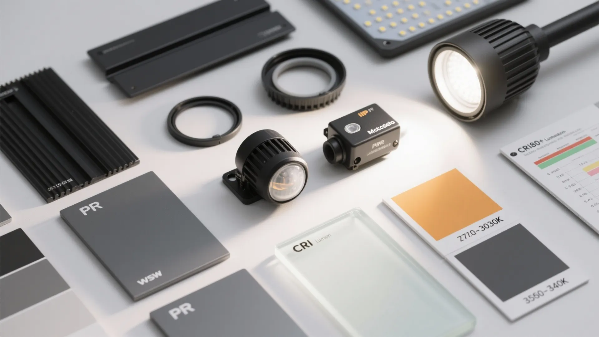 Flatlay of sensors, gaskets, diffusers, LED boards, and finish swatches for outdoor wall lights.