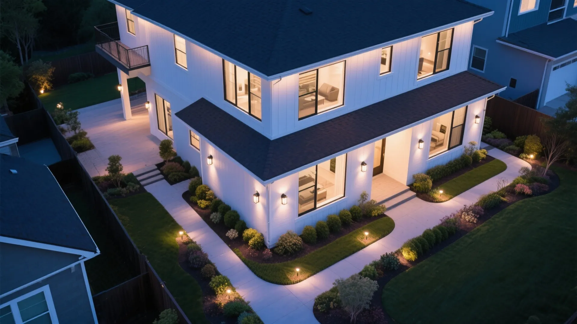 Outdoor lights illuminating tri-level architecture