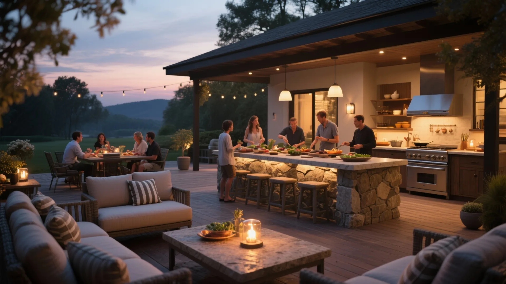 People gathering in outdoor kitchen area with stone island ceiling lights sofa and patio furniture