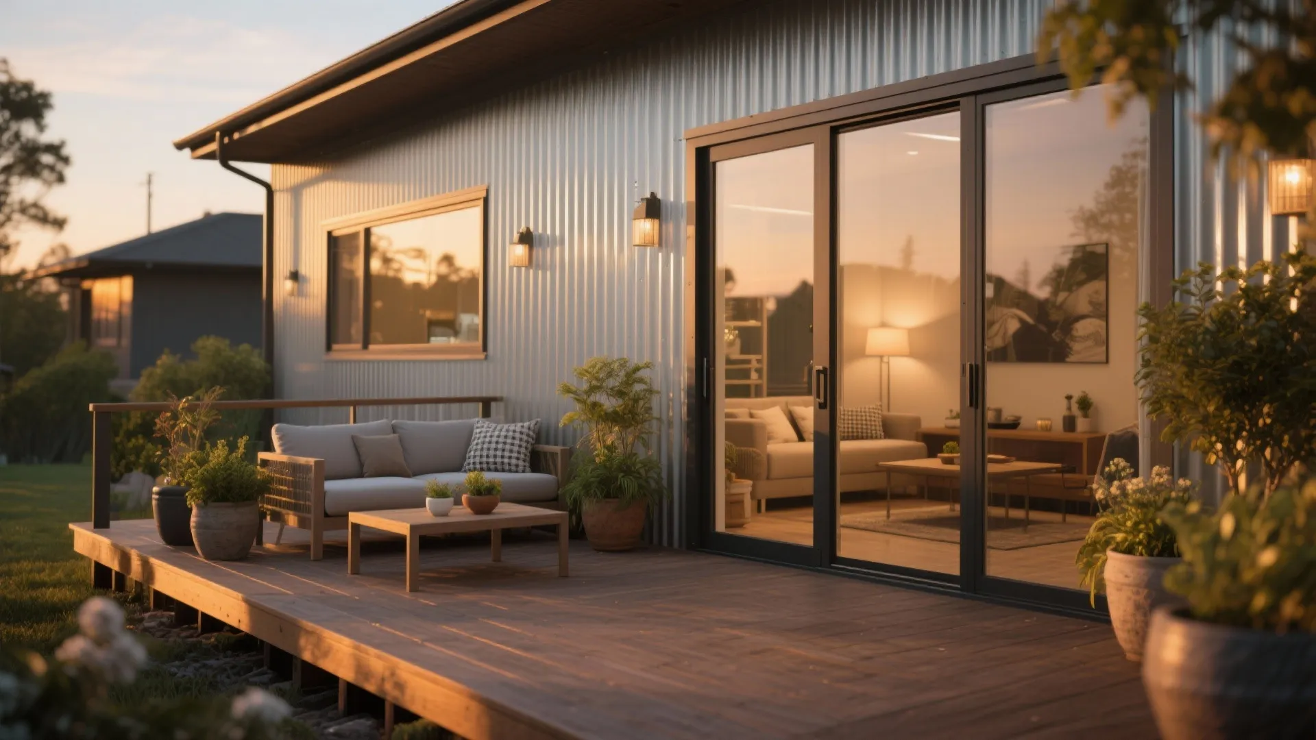Modern metal house with wooden deck featuring outdoor sofa small table and glass sliding doors