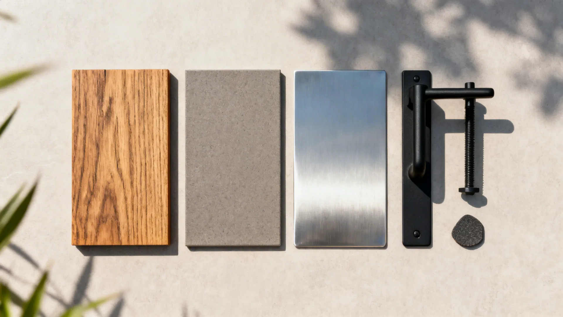 Flat lay of outdoor materials: wood, laminate, porcelain, stainless, and matte black powder coat.