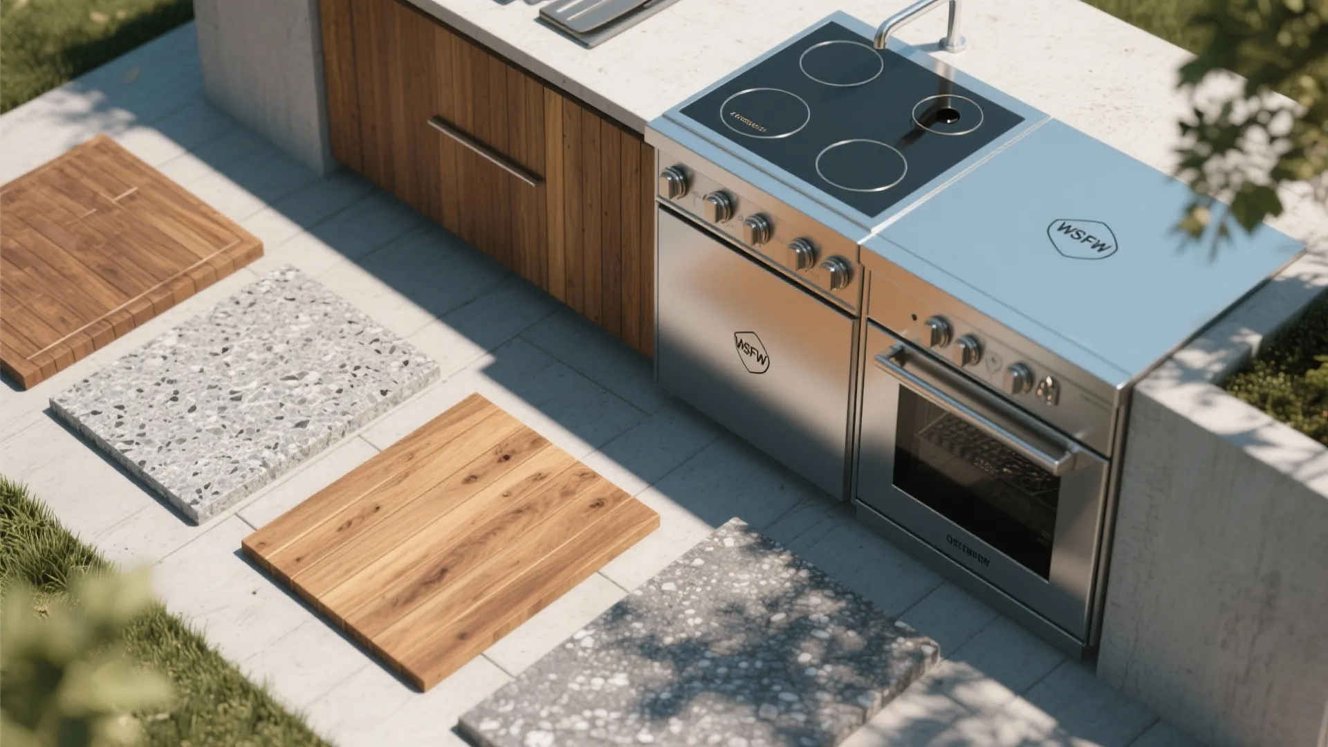 Outdoor kitchen area showing stainless steel stove alongside wood and stone floor material square tiles