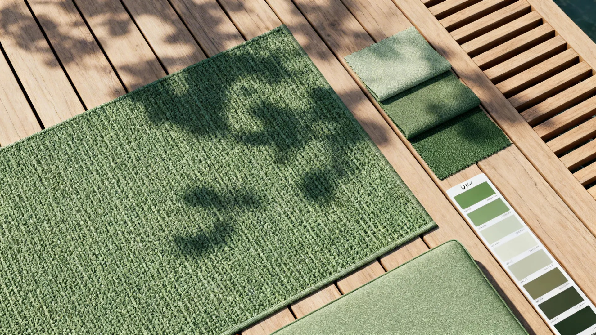 Top-down flatlay of outdoor rug, decking samples, and fabric swatches for patio design