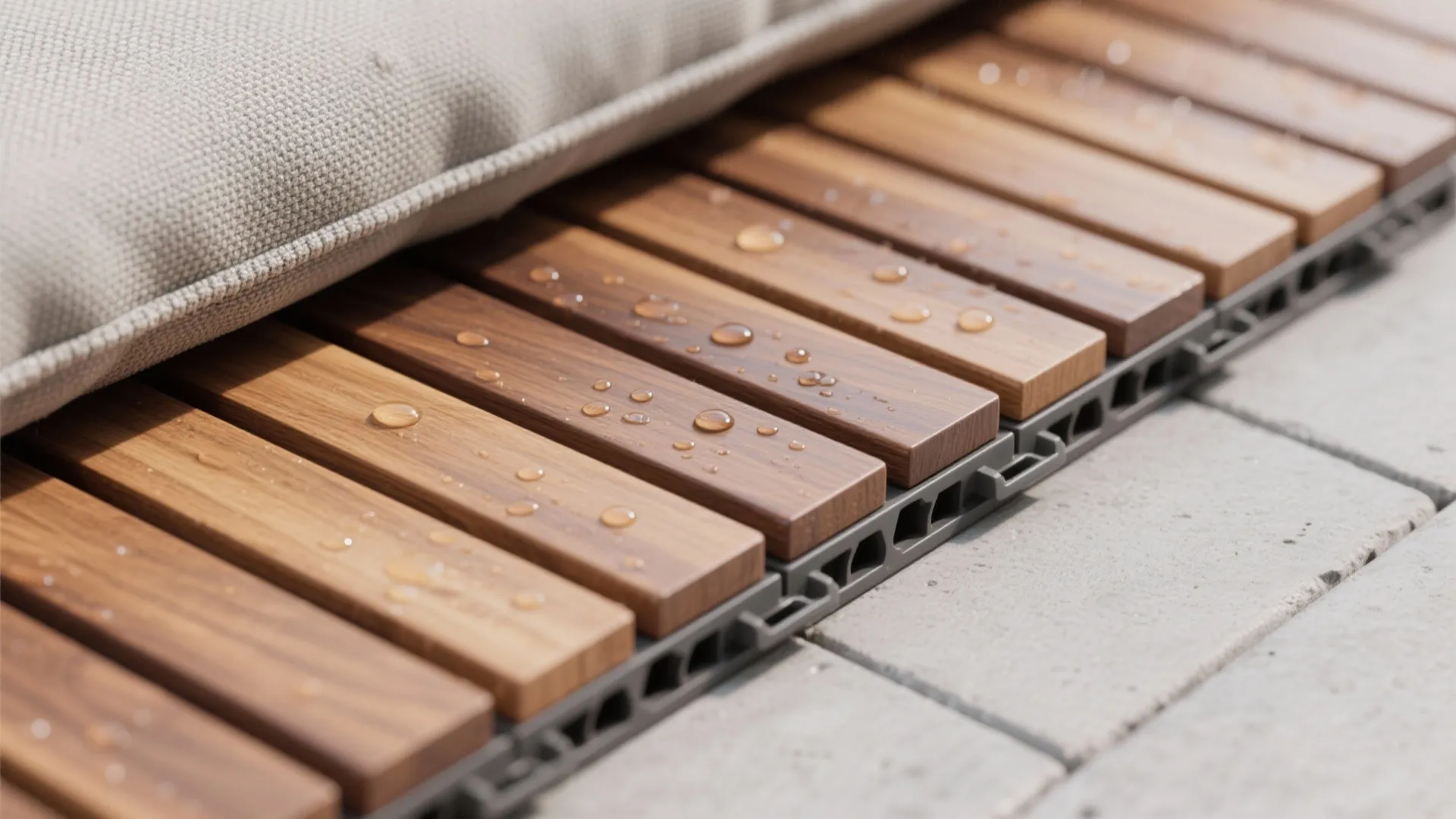 Macro of oiled acacia slat, outdoor cushion fabric, and deck tile drainage detail.