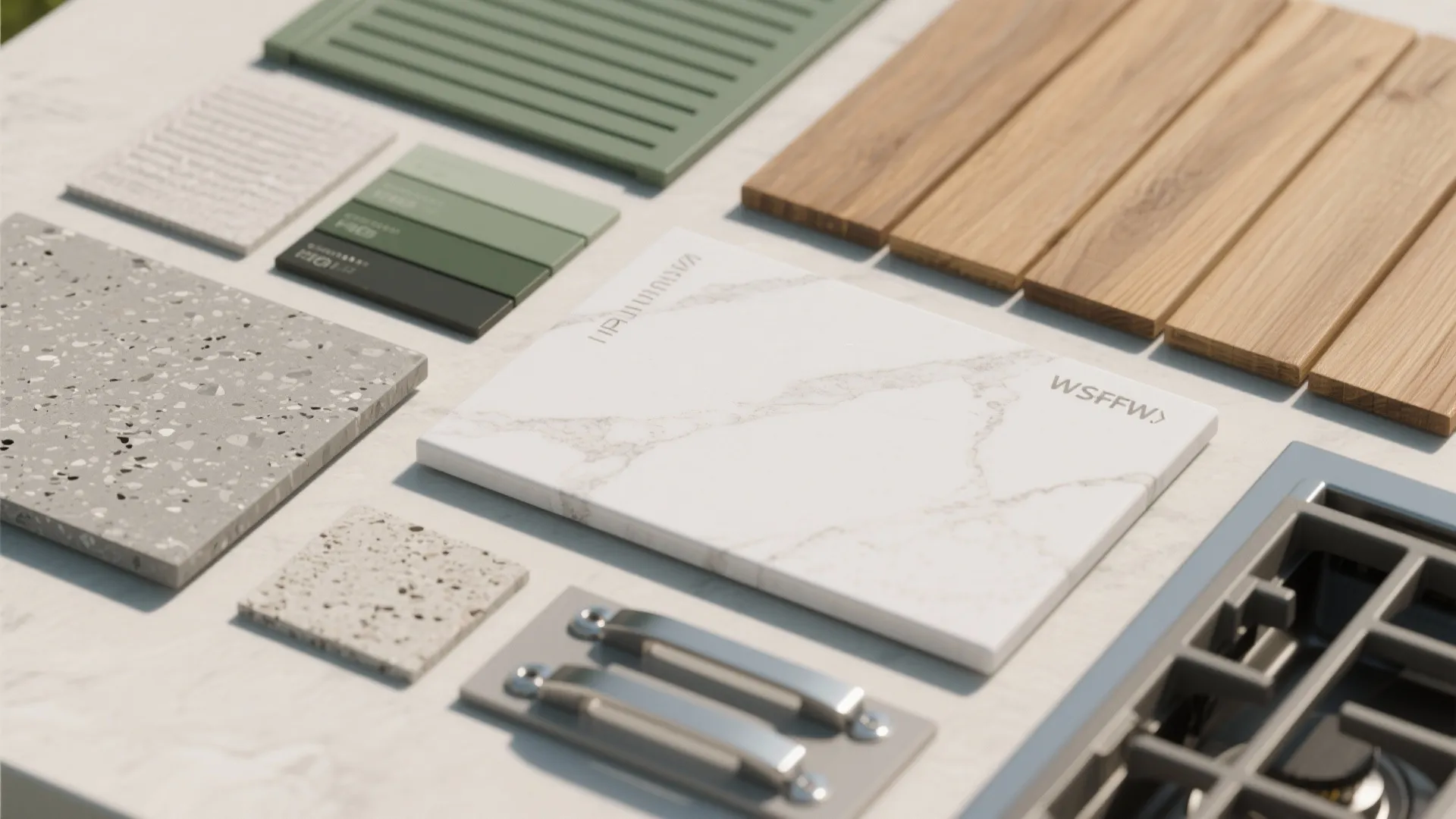 Interior design drawing showing material samples for marble countertop green cabinets wood flooring and metal handles