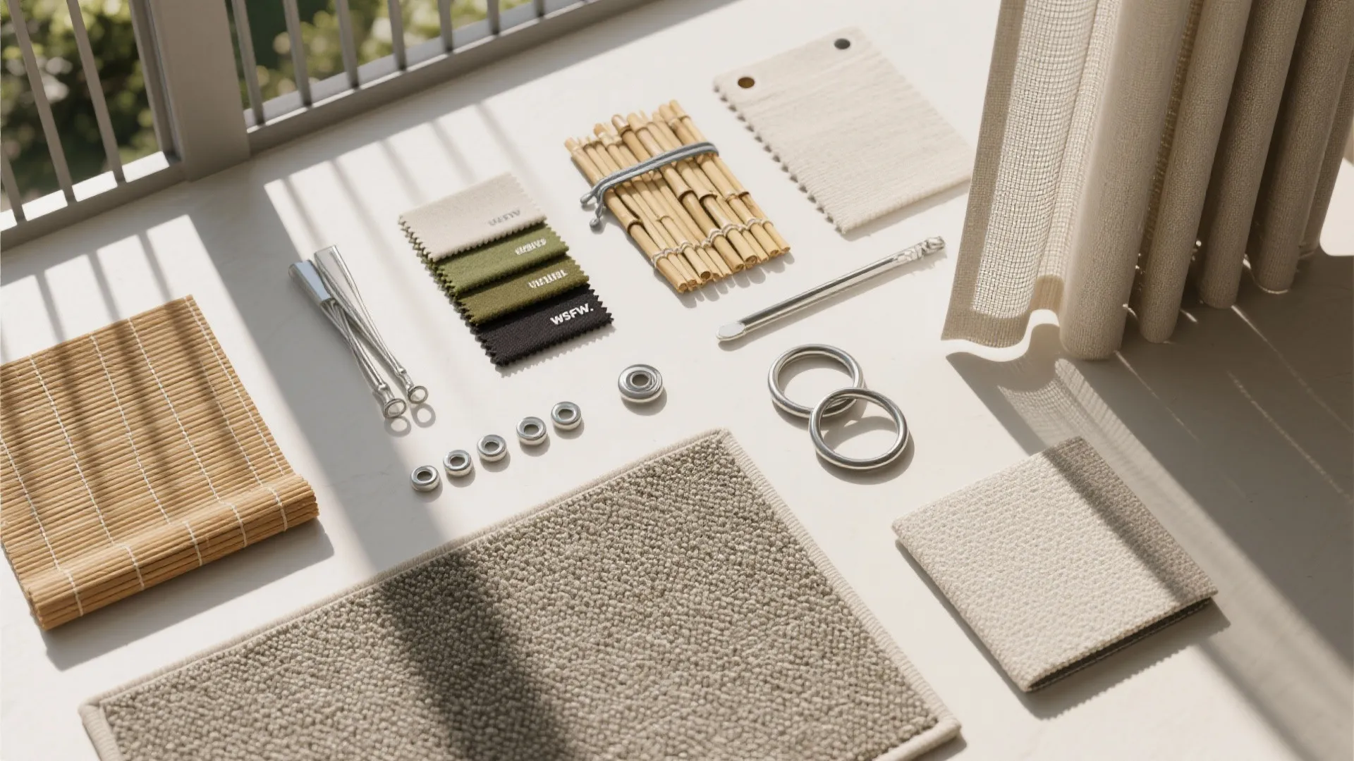 Flat lay of outdoor textiles, hardware, and rug samples for balcony privacy.