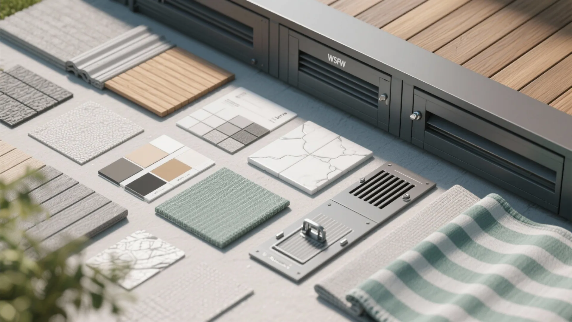 Top-down flatlay of outdoor-rated materials including aluminum, porcelain tiles, acrylic fabrics, and hardware.