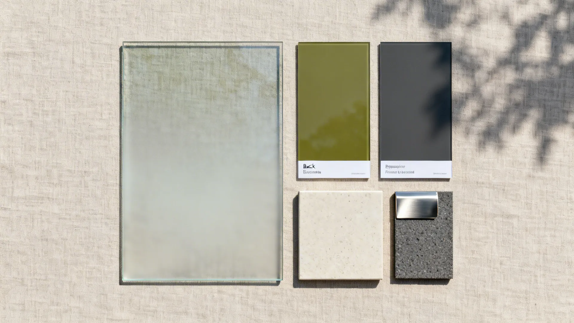 Flat lay of tempered glass, satin-etched sample, olive and charcoal paint chips, porcelain, and stainless
