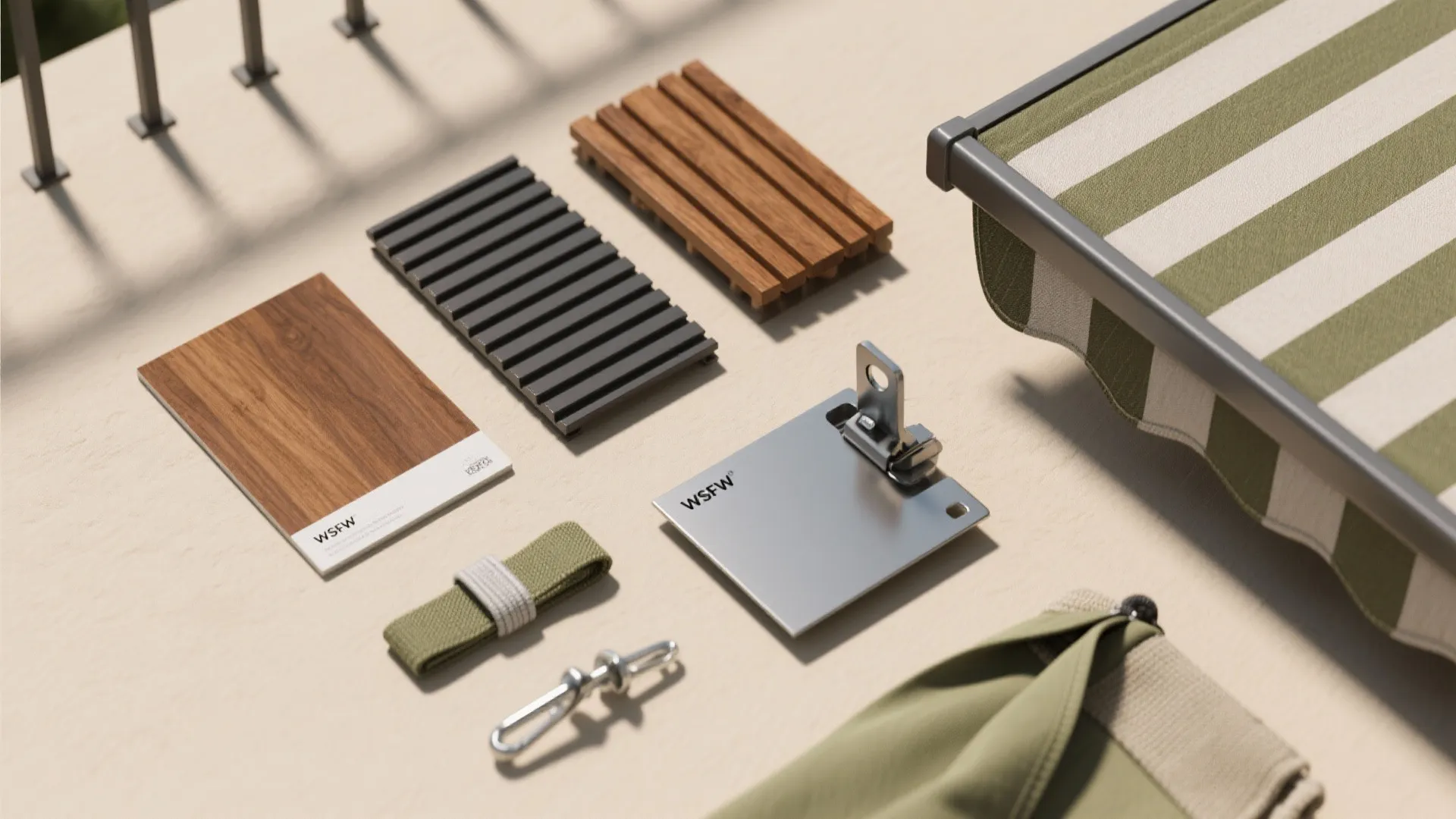 Various outdoor design material samples including wood tiles metal parts and striped green curtain fabric