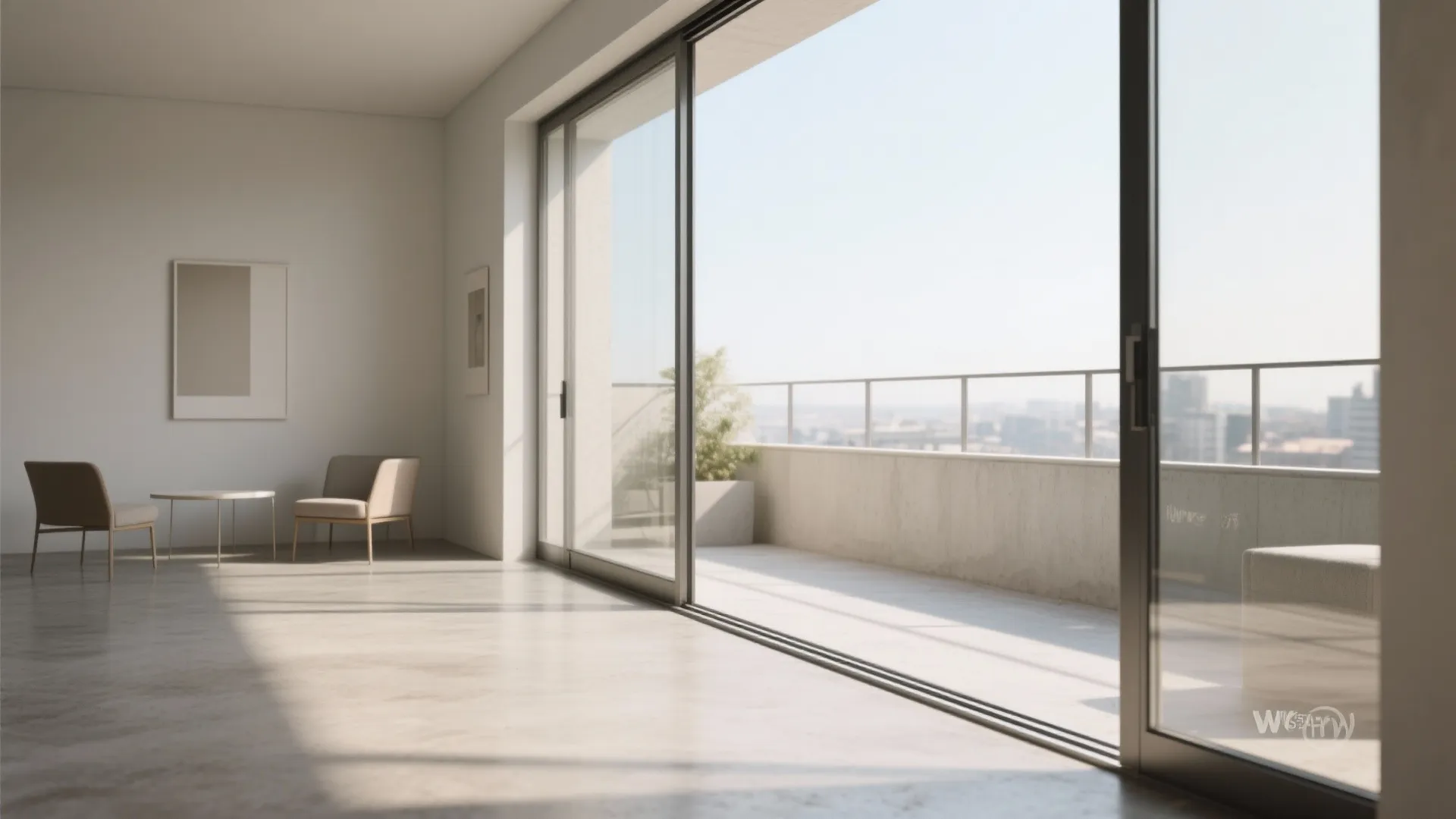 Seamless microcement balcony floor with calm, gallery-like aesthetic.