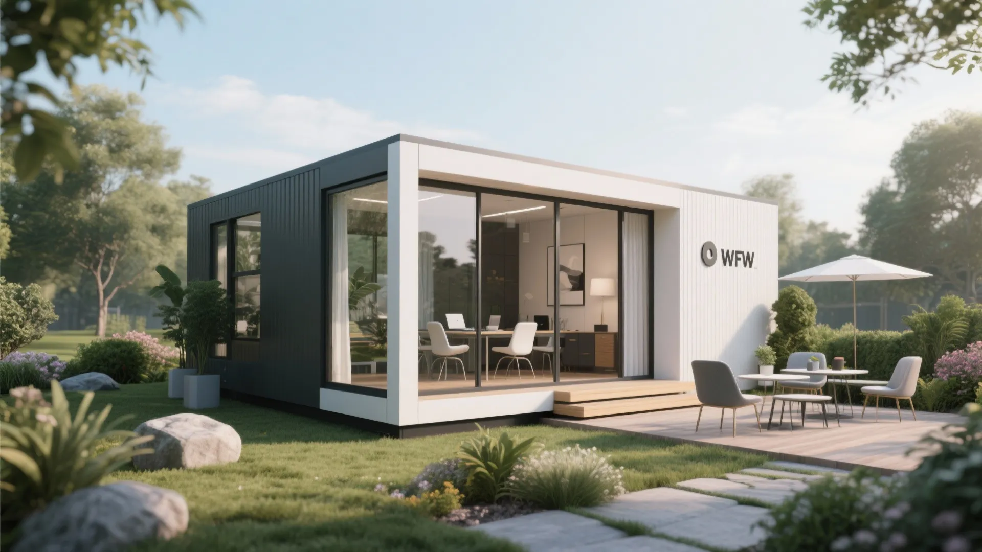 Prefab modular cabin office surrounded by landscaped garden