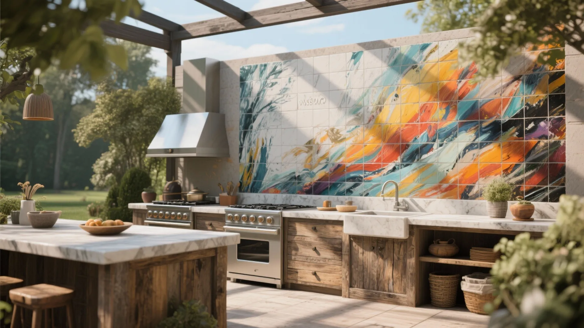 Outdoor kitchen featuring colorful wall tiles with abstract art wooden cabinets and a stone countertop