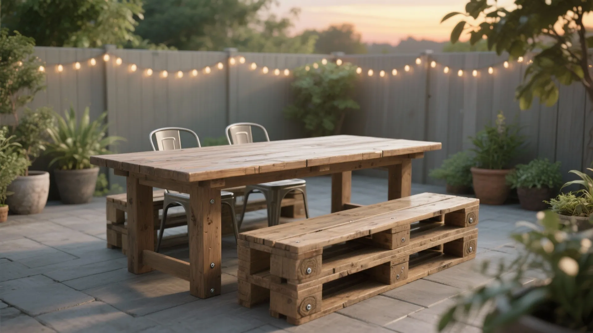 Wooden dining table and bench on outdoor patio with string lights and green potted plants