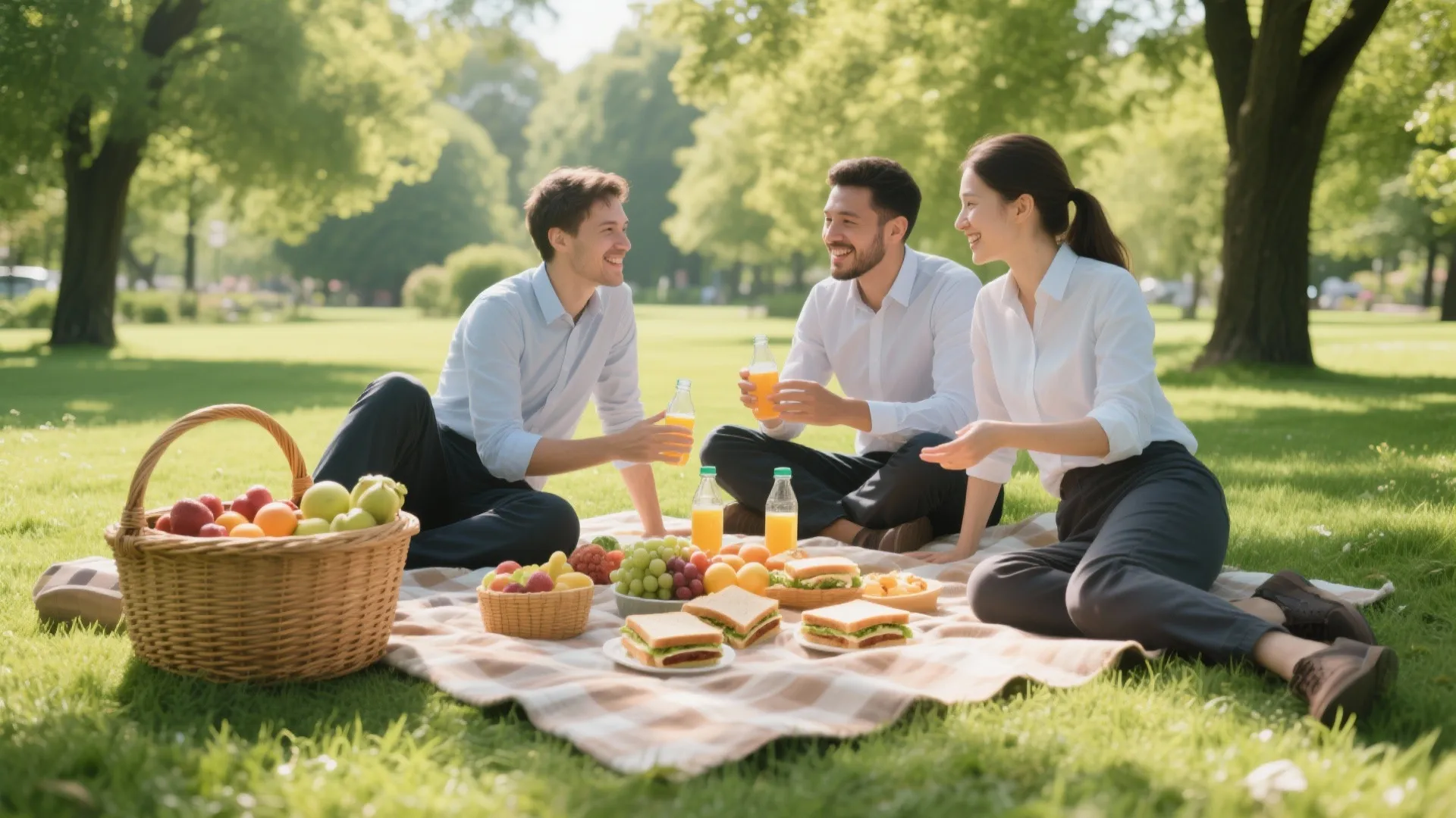 Three young professionals enjoying an outdoor picnic lunch with sandwiches and fruit on green grass
