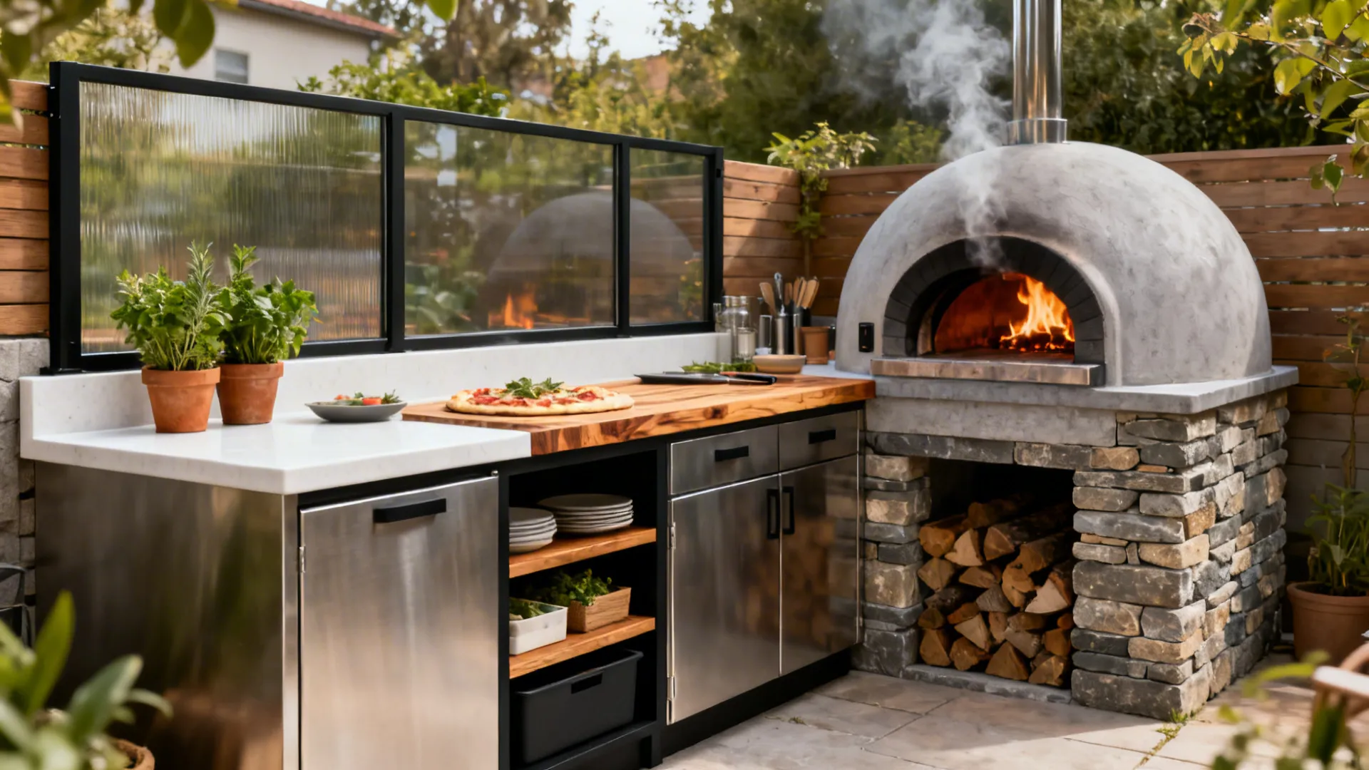 Outdoor kitchen with stone pizza oven wood fire storage and stainless steel cabinets for cooking.