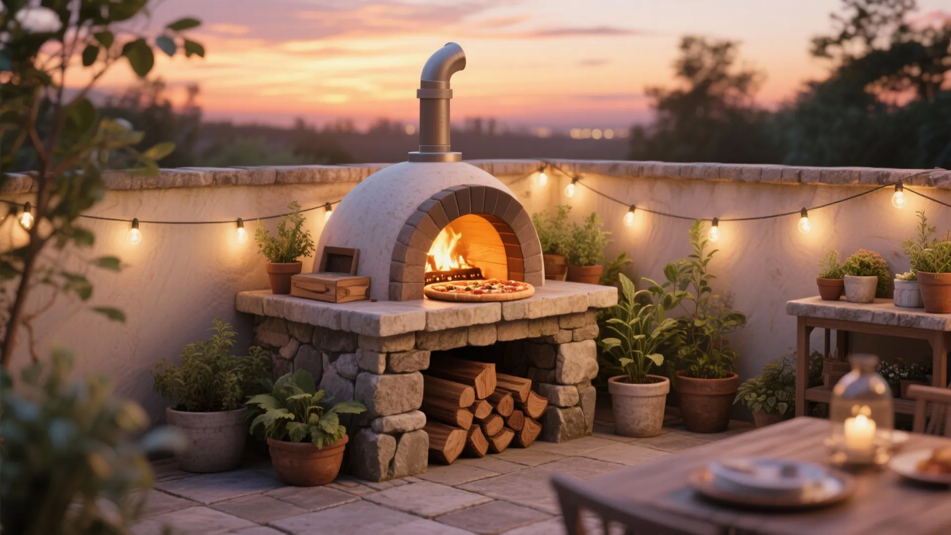 Stone outdoor pizza oven with fire inside and wood storage below decorated with string lights